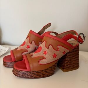 John Fluevog Red and Brown Platform Sandals